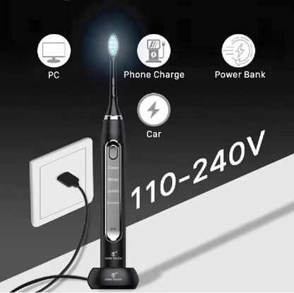 6 Blue LED Whitening Electric Toothbrush| Electric Toothbrush for Adults | 4 Modes with Smart Timer Plaque Removal & Memory Function | 2Heads | IPX7 Waterproof |Travel Case |Wirelesscharger