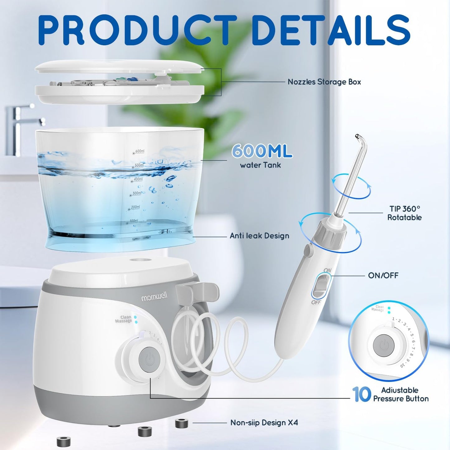 Advanced Water Flosser for Teeth, Electric Power Oral Irrigator with 10 Pressure Settings, 8 Nozzles Includes Special Nasal Tip 1000 Ml Tank Ideal for Gums Braces Implants (White 1000ML)