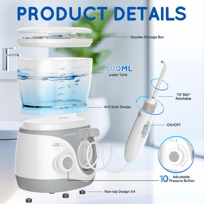 Advanced Water Flosser for Teeth, Electric Power Oral Irrigator with 10 Pressure Settings, 8 Nozzles Includes Special Nasal Tip 1000 Ml Tank Ideal for Gums Braces Implants (White 1000ML)