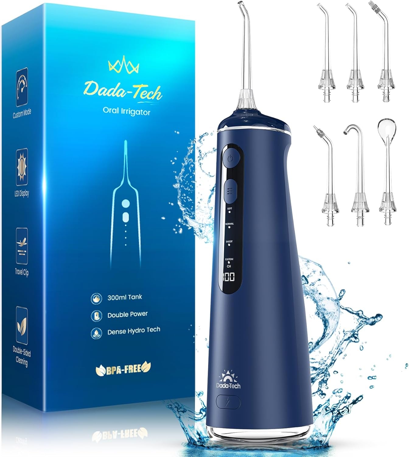 Water Flosser for Teeth, Cordless Oral Irrigator Portable Dental Cleaner Picks with 8 DIY Modes 7 Jets 300Ml Tank Braces Flossers Rechargeable (Blue)