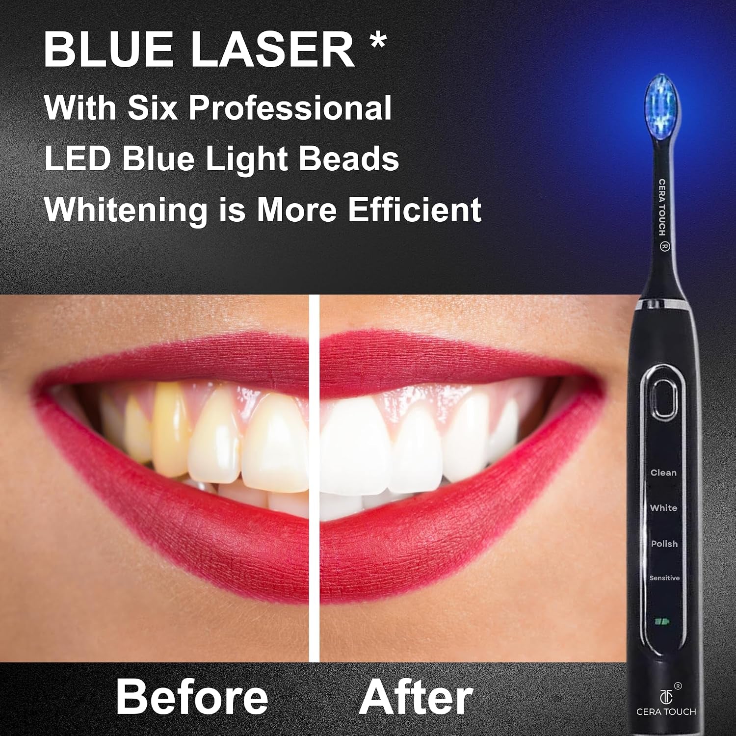 6 Blue LED Whitening Electric Toothbrush| Electric Toothbrush for Adults | 4 Modes with Smart Timer Plaque Removal & Memory Function | 2Heads | IPX7 Waterproof |Travel Case |Wirelesscharger