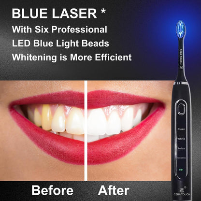 6 Blue LED Whitening Electric Toothbrush| Electric Toothbrush for Adults | 4 Modes with Smart Timer Plaque Removal & Memory Function | 2Heads | IPX7 Waterproof |Travel Case |Wirelesscharger