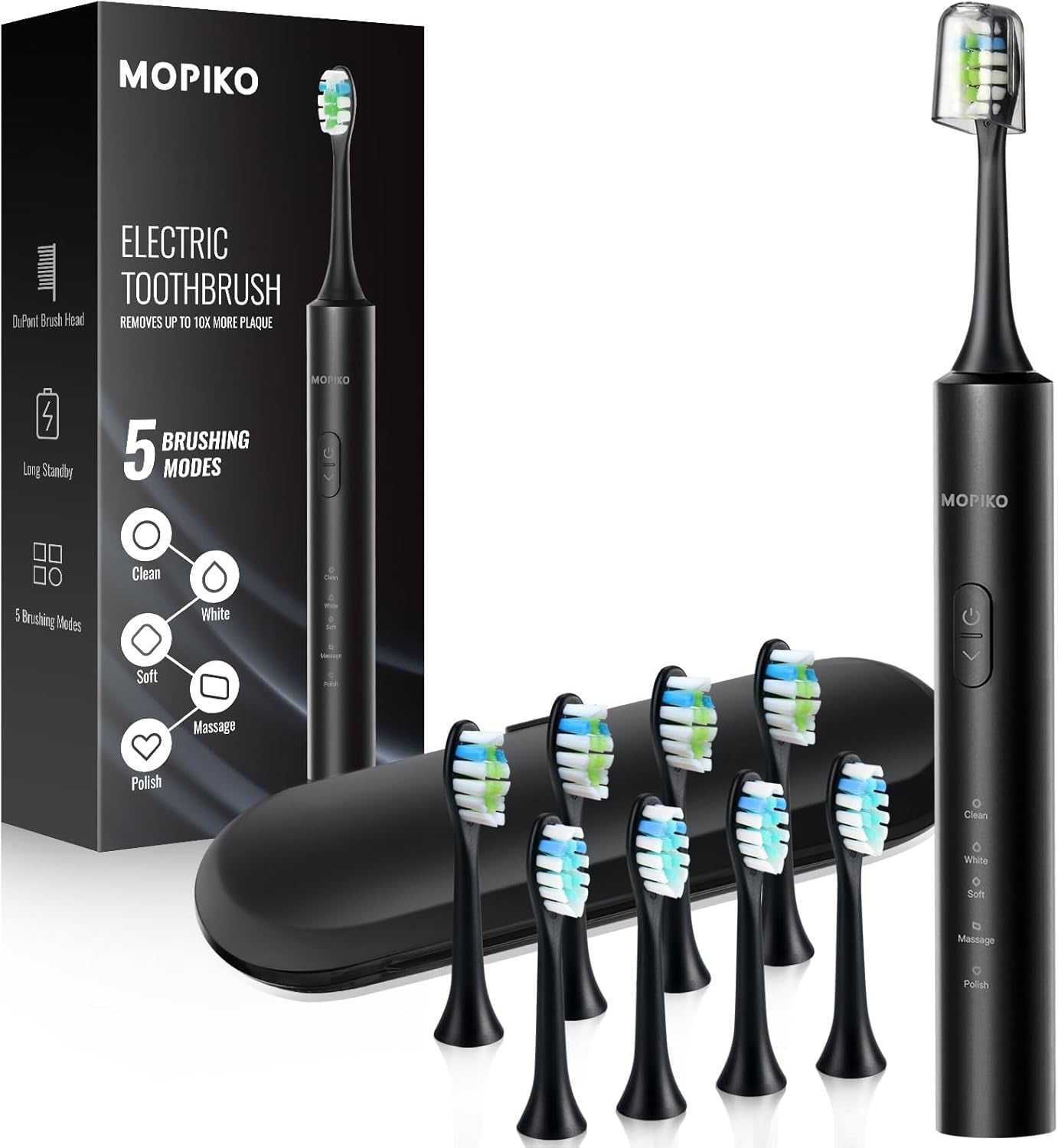 Sonic Electric Toothbrush for Adults |  5 Modes Black Power Sonic Rechargeable Electric Toothbrush with 8 Brush Heads and Travel Case