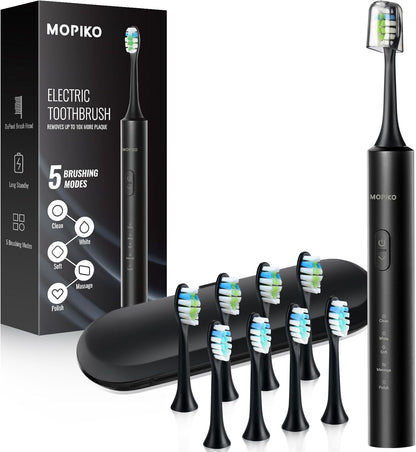 Sonic Electric Toothbrush for Adults |  5 Modes Black Power Sonic Rechargeable Electric Toothbrush with 8 Brush Heads and Travel Case