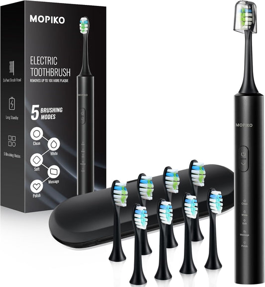 Sonic Electric Toothbrush for Adults |  5 Modes Black Power Sonic Rechargeable Electric Toothbrush with 8 Brush Heads and Travel Case