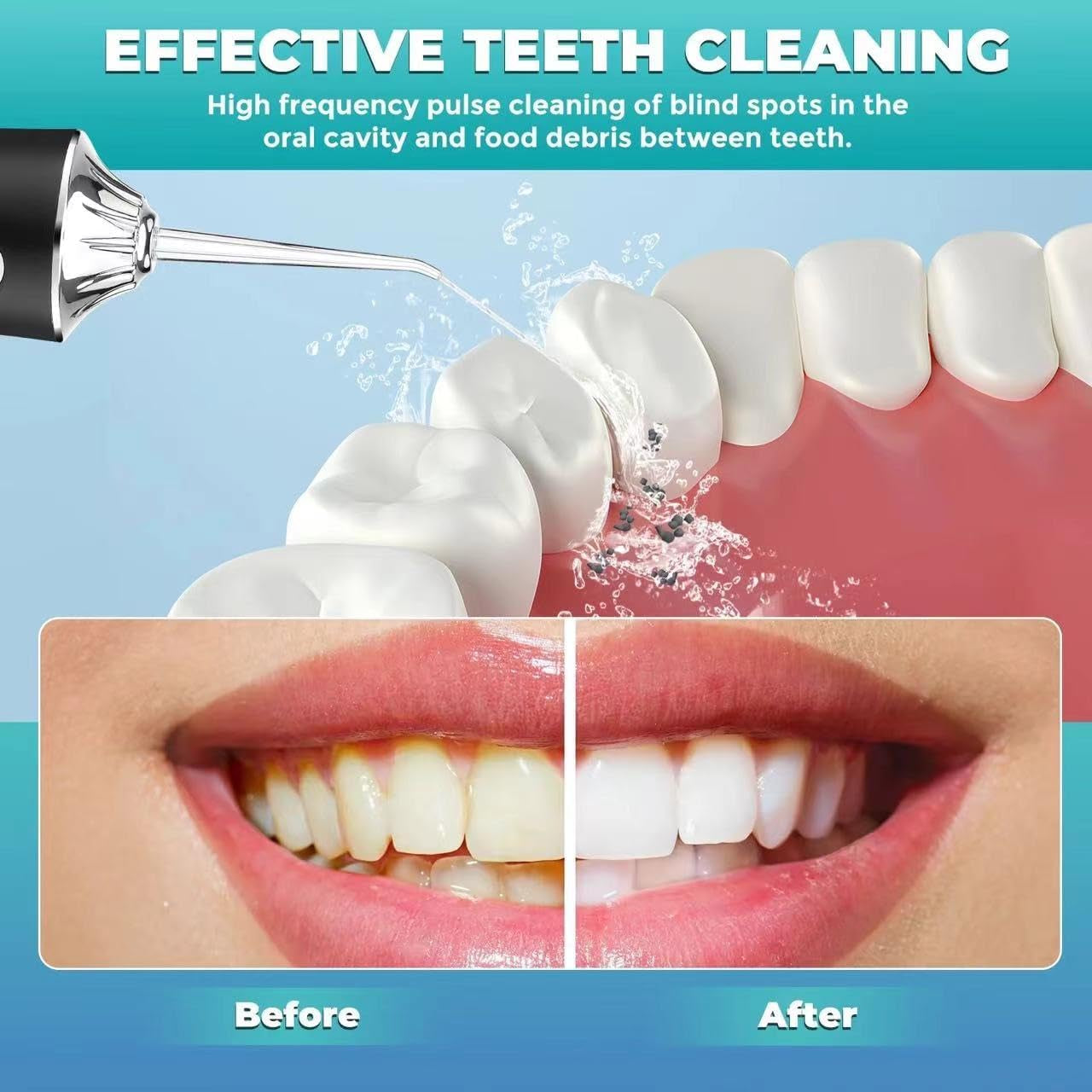 Water Dental Flosser Teeth Pick Portable Cordless Oral Irrigator Rechargeable Travel Irrigation Cleaner 3 Modes 4 Jets IPX7 Waterproof Electric (Black)
