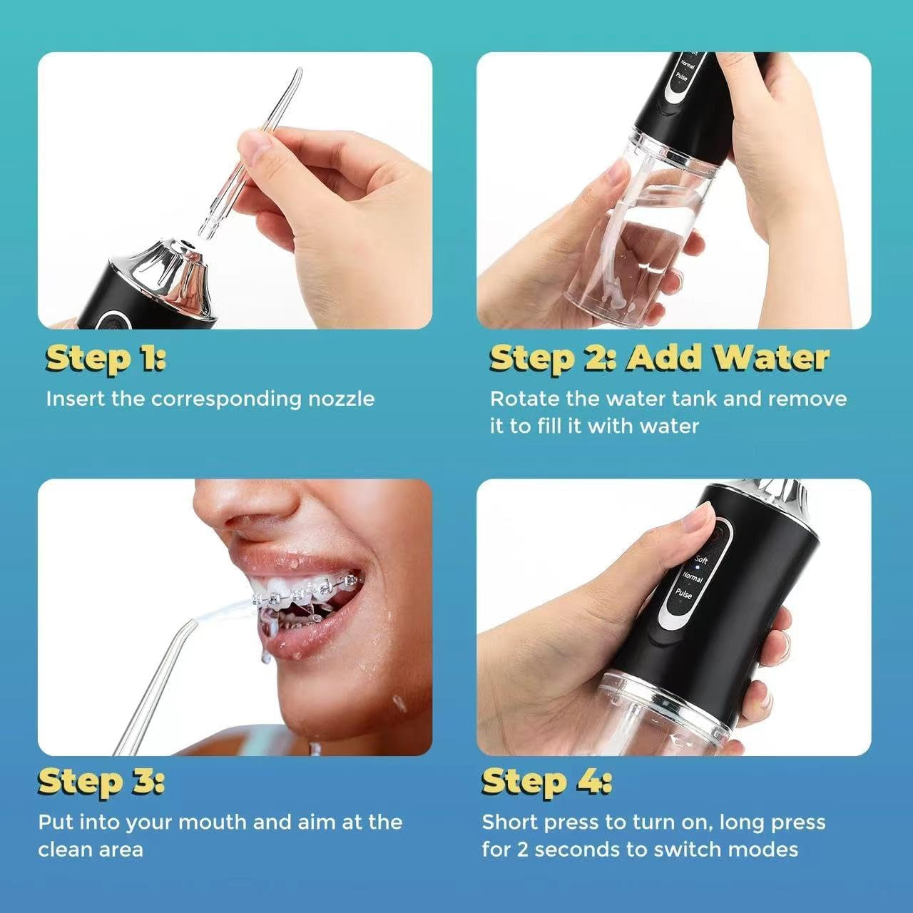 Water Dental Flosser Teeth Pick Portable Cordless Oral Irrigator Rechargeable Travel Irrigation Cleaner 3 Modes 4 Jets IPX7 Waterproof Electric (Black)