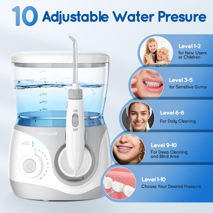 Advanced Water Flosser for Teeth, Electric Power Oral Irrigator with 10 Pressure Settings, 8 Nozzles Includes Special Nasal Tip 1000 Ml Tank Ideal for Gums Braces Implants (White 1000ML)