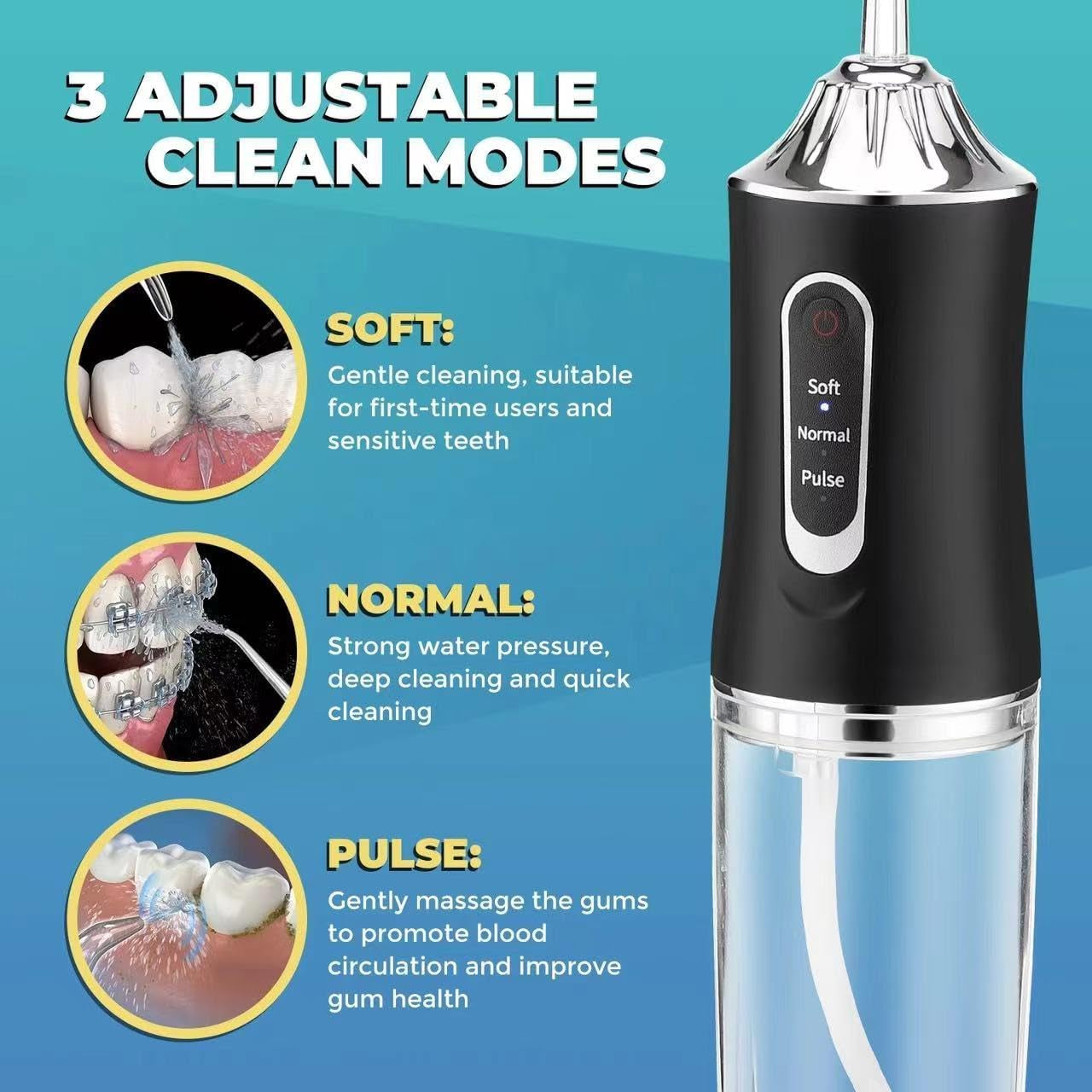 Water Dental Flosser Teeth Pick Portable Cordless Oral Irrigator Rechargeable Travel Irrigation Cleaner 3 Modes 4 Jets IPX7 Waterproof Electric (Black)