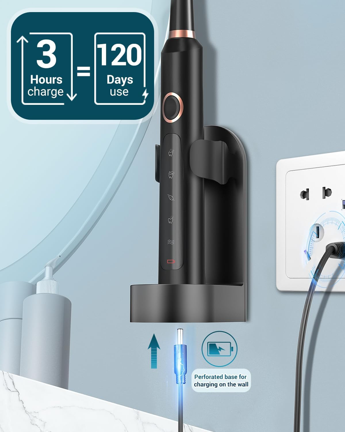 M5 Electric Toothbrush for Adults - Sonic Electric Toothbrush for Kids and Adults with 8 Brush Heads & Travel Case, 120 Days Battery Life - Black