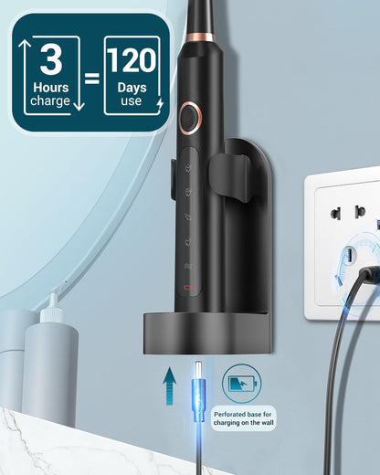 M5 Electric Toothbrush for Adults - Sonic Electric Toothbrush for Kids and Adults with 8 Brush Heads & Travel Case, 120 Days Battery Life - Black