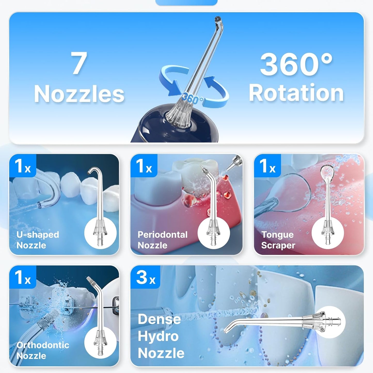 Water Flosser for Teeth, Cordless Oral Irrigator Portable Dental Cleaner Picks with 8 DIY Modes 7 Jets 300Ml Tank Braces Flossers Rechargeable (Blue)