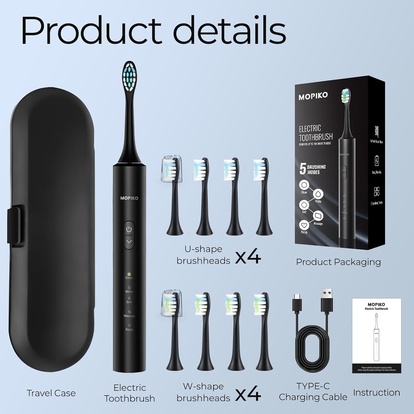 Sonic Electric Toothbrush for Adults |  5 Modes Black Power Sonic Rechargeable Electric Toothbrush with 8 Brush Heads and Travel Case