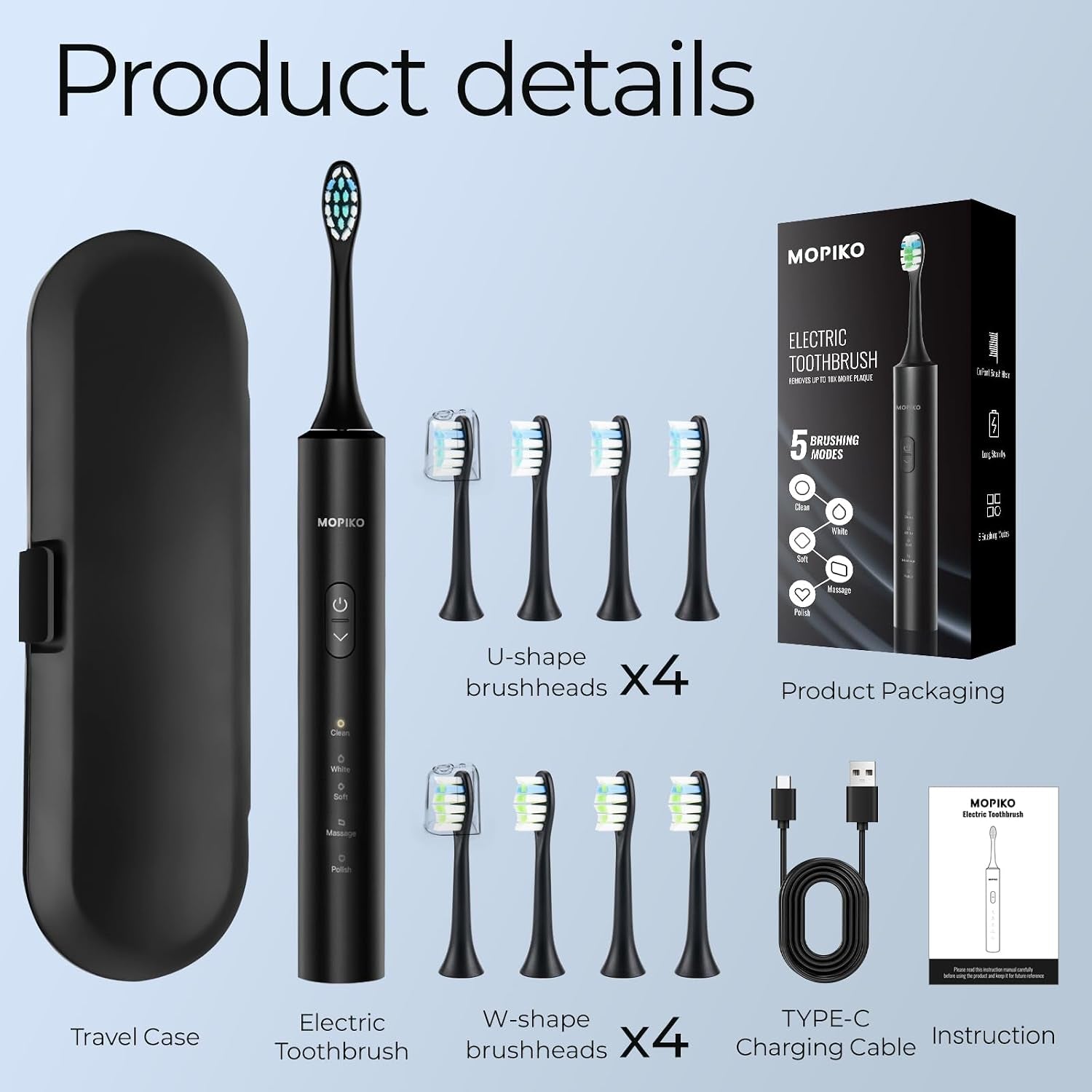 Sonic Electric Toothbrush for Adults |  5 Modes Black Power Sonic Rechargeable Electric Toothbrush with 8 Brush Heads and Travel Case