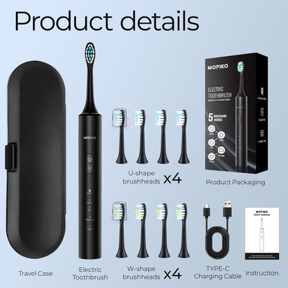 Sonic Electric Toothbrush for Adults |  5 Modes Black Power Sonic Rechargeable Electric Toothbrush with 8 Brush Heads and Travel Case