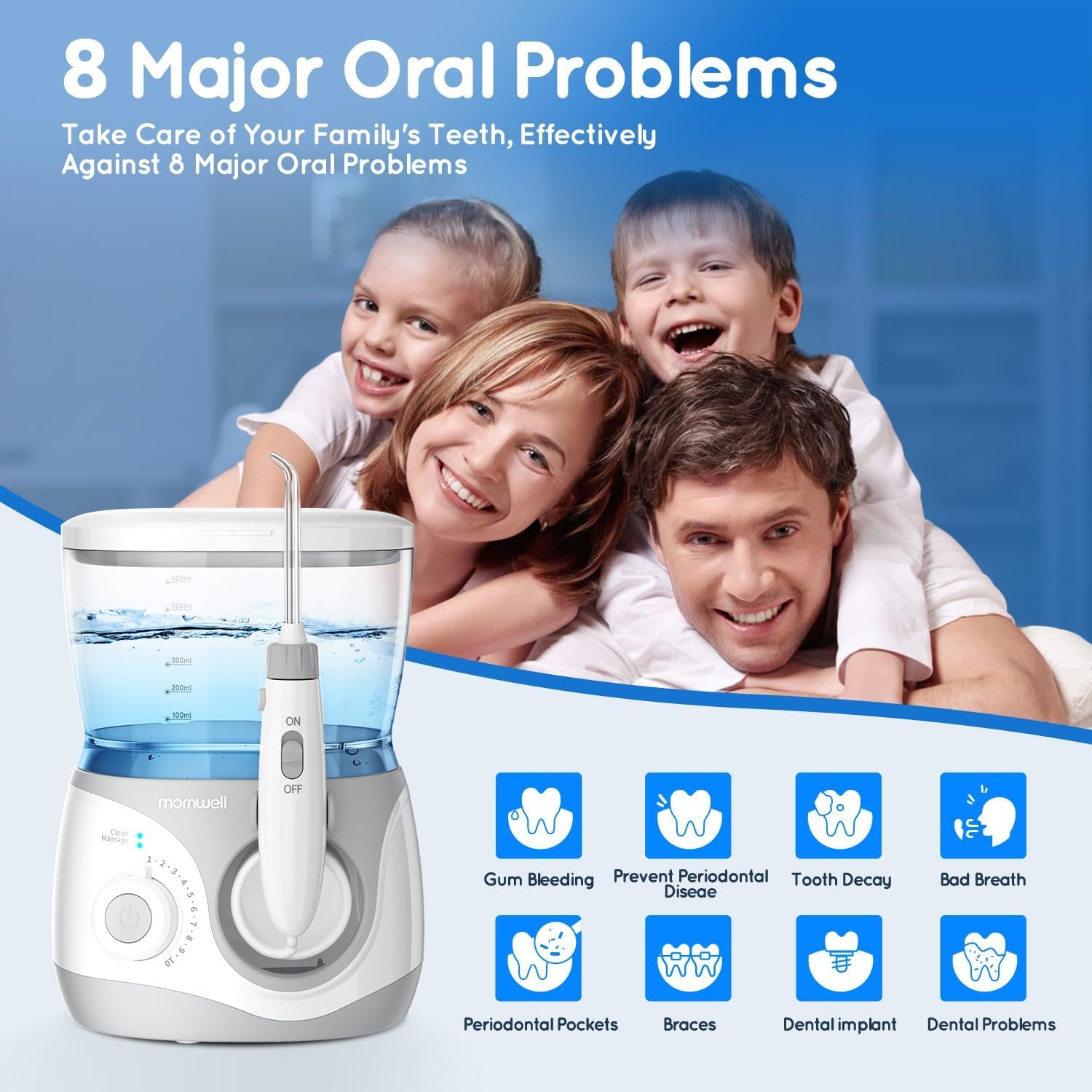 Advanced Water Flosser for Teeth, Electric Power Oral Irrigator with 10 Pressure Settings, 8 Nozzles Includes Special Nasal Tip 1000 Ml Tank Ideal for Gums Braces Implants (White 1000ML)