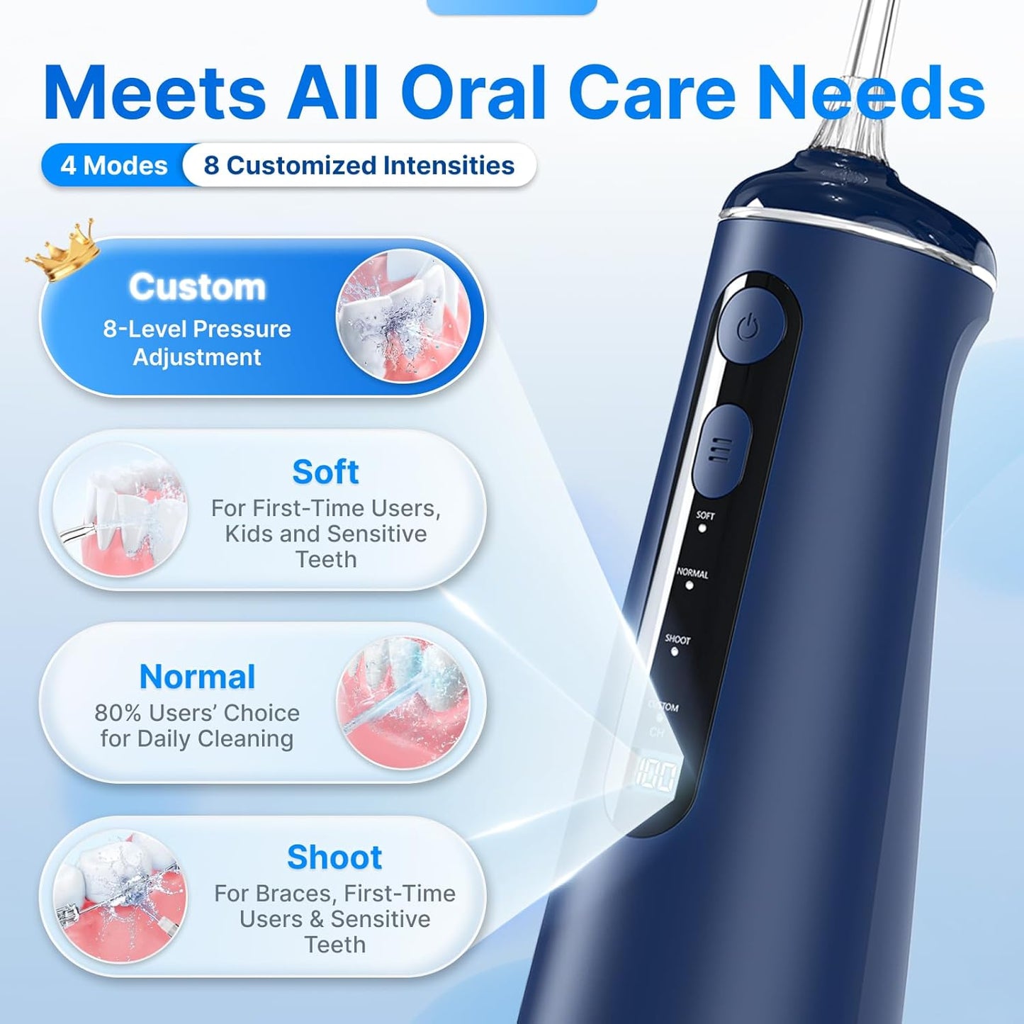 Water Flosser for Teeth, Cordless Oral Irrigator Portable Dental Cleaner Picks with 8 DIY Modes 7 Jets 300Ml Tank Braces Flossers Rechargeable (Blue)