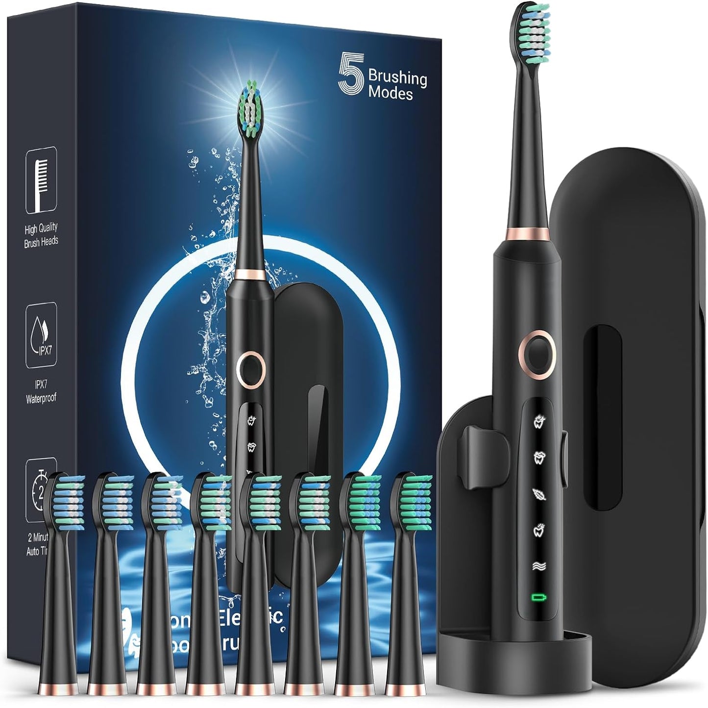 M5 Electric Toothbrush for Adults - Sonic Electric Toothbrush for Kids and Adults with 8 Brush Heads & Travel Case, 120 Days Battery Life - Black