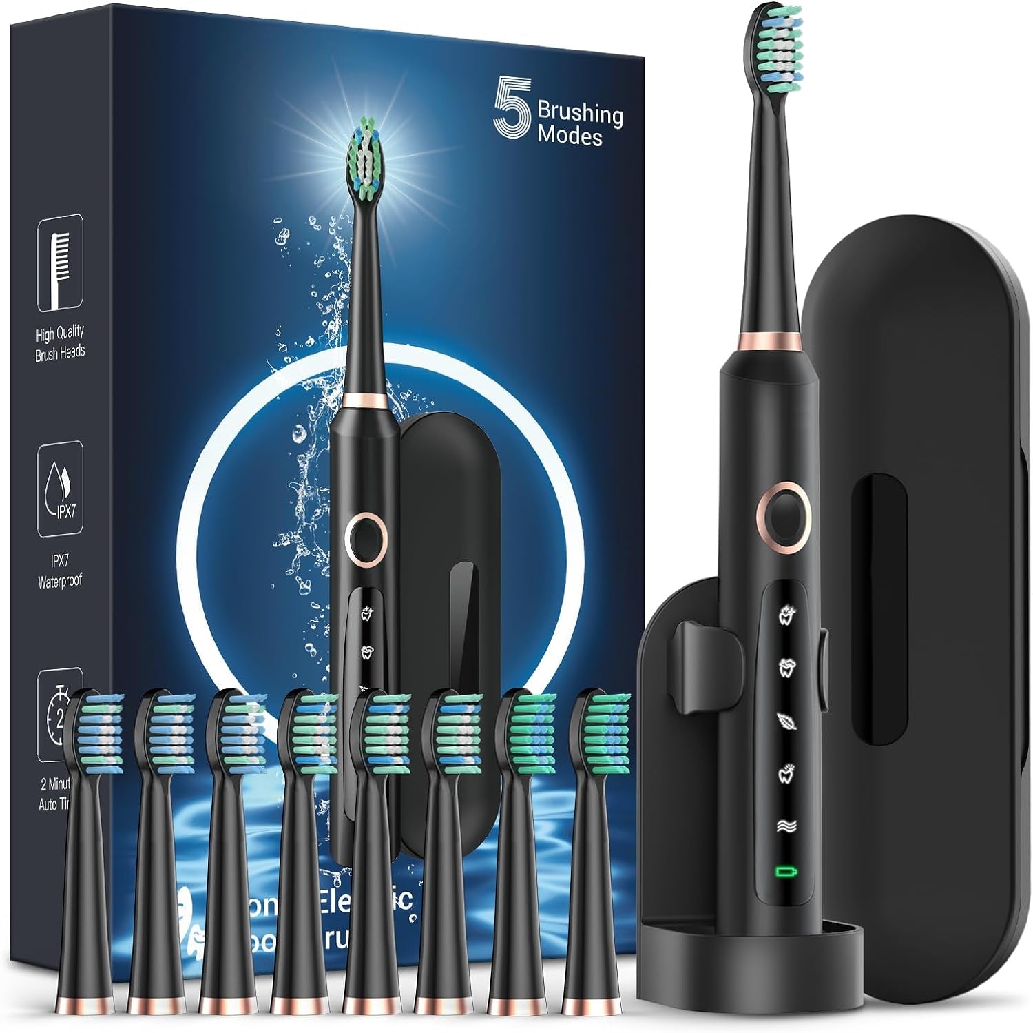 M5 Electric Toothbrush for Adults - Sonic Electric Toothbrush for Kids and Adults with 8 Brush Heads & Travel Case, 120 Days Battery Life - Black