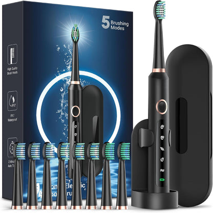 M5 Electric Toothbrush for Adults - Sonic Electric Toothbrush for Kids and Adults with 8 Brush Heads & Travel Case, 120 Days Battery Life - Black