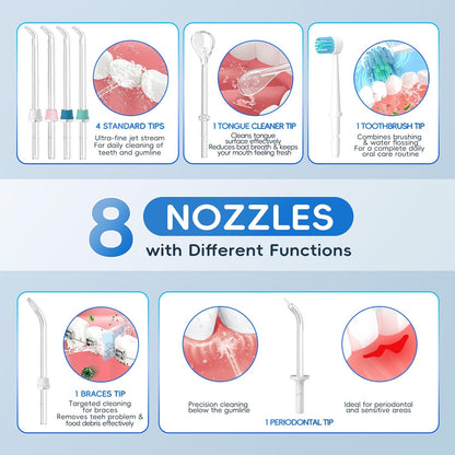 Advanced Water Flosser for Teeth, Electric Power Oral Irrigator with 10 Pressure Settings, 8 Nozzles Includes Special Nasal Tip 1000 Ml Tank Ideal for Gums Braces Implants (White 1000ML)