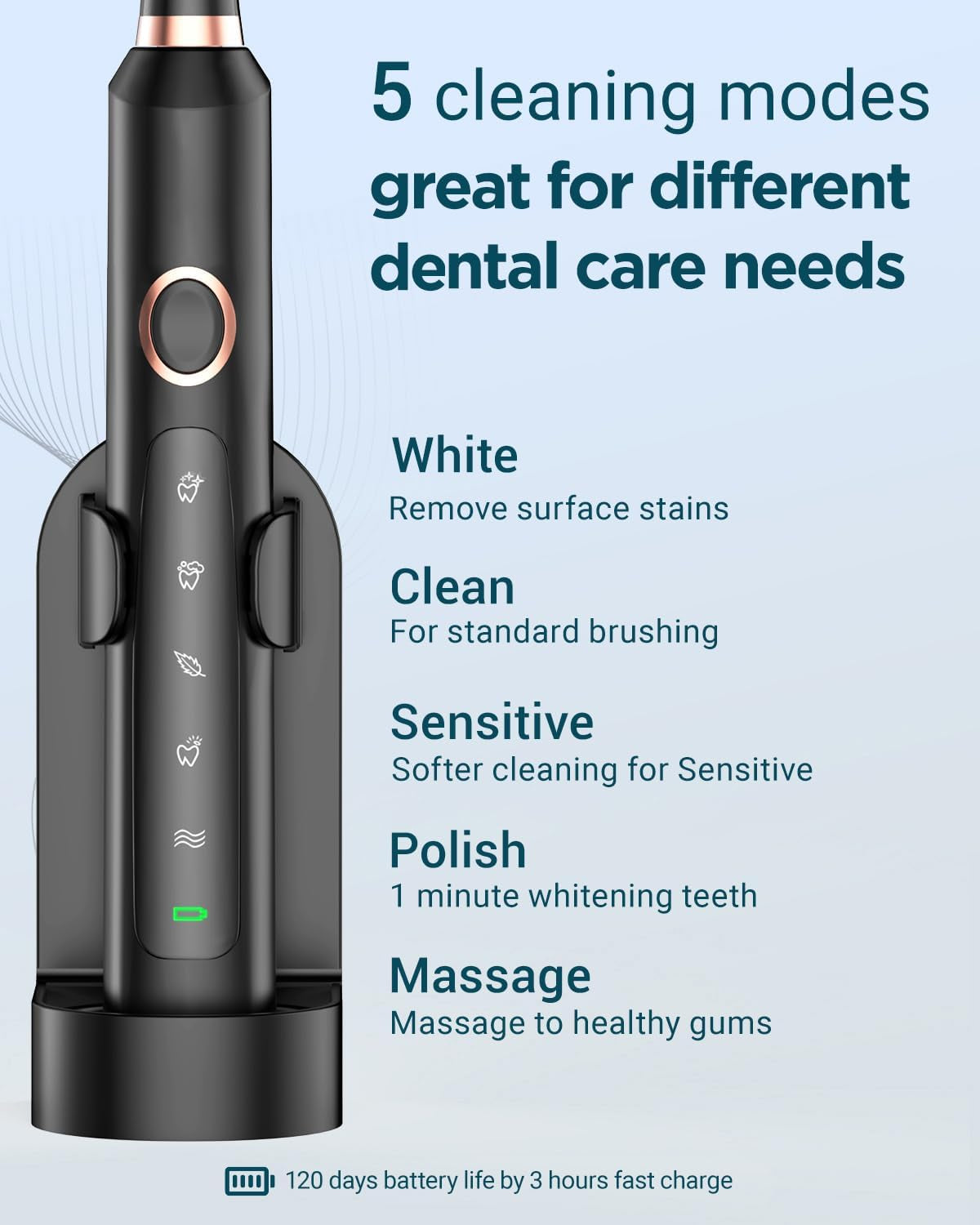M5 Electric Toothbrush for Adults - Sonic Electric Toothbrush for Kids and Adults with 8 Brush Heads & Travel Case, 120 Days Battery Life - Black