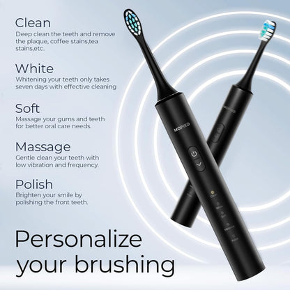 Sonic Electric Toothbrush for Adults |  5 Modes Black Power Sonic Rechargeable Electric Toothbrush with 8 Brush Heads and Travel Case